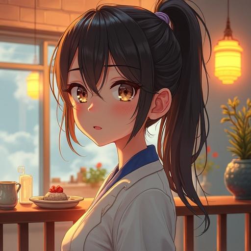 A young Japanese woman with black hair, wearing traditional clothing, sitting near a window with warm lighting and soft decor. A peaceful and serene expression on her face.