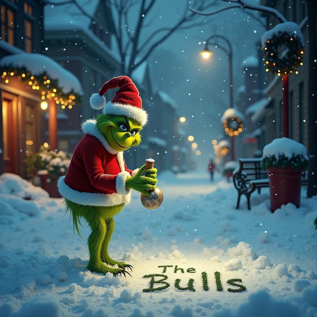 Grinch stands in a snowy street. He writes 'The Bulls' in the snow. Snowflakes are falling. Scene captures Christmas spirit. Focus on a personal touch.