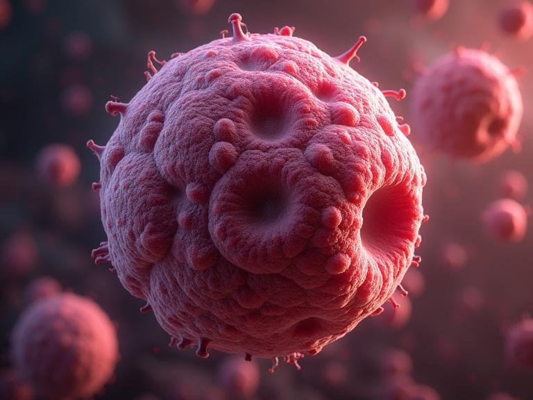 A 3D medical visualization of a spherical tumor mass. Tumor approximately 5-10mm in diameter. Composed of tightly packed cancer cells with an irregular surface texture. Clear boundary between tumor and normal tissue. Includes scale indicator in millimeters. Surrounding tissue appears organized and well-vascularized. Individual cancer cells are visible at the periphery. 3D view shows internal structure with dramatic side lighting for depth.