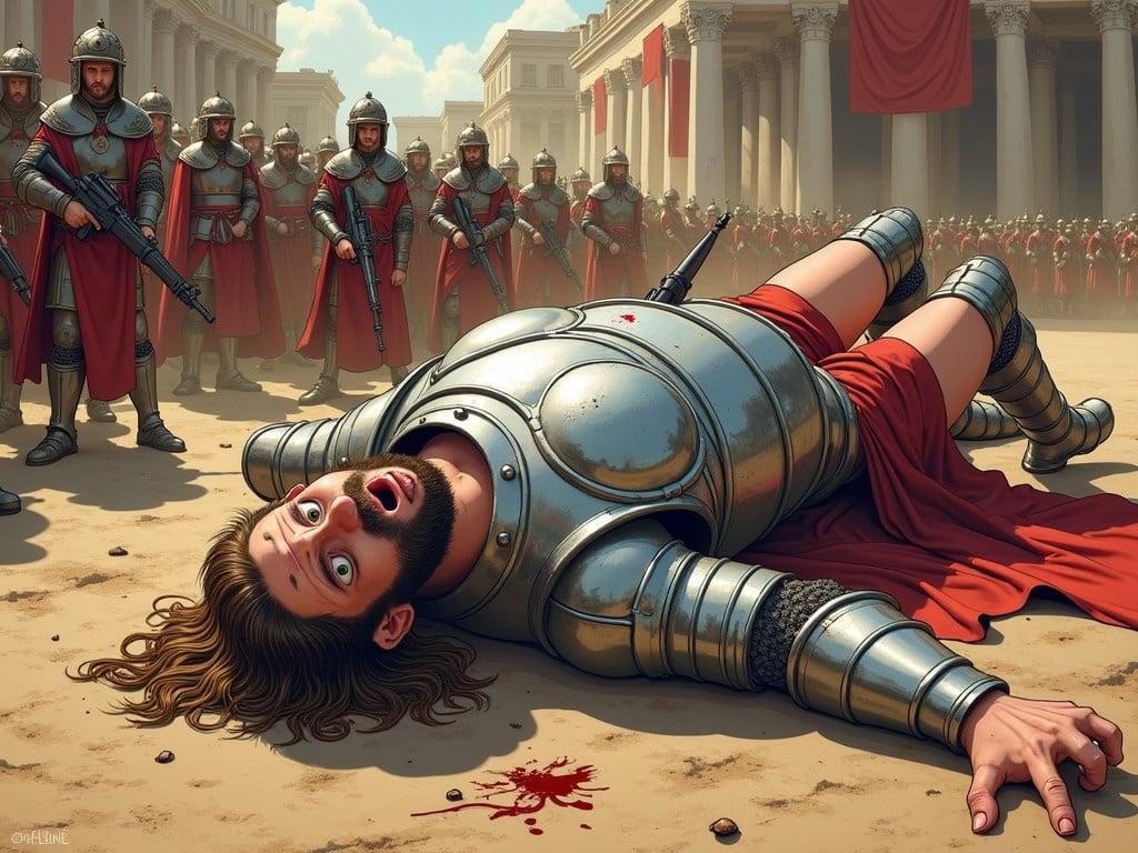 This is a high angle shot cartoon illustration of a towering Goliath, depicted in a moment of defeat. He is wearing shiny, silver-colored armor that glints in the sunlight. The scene takes place on a battlefield, with dust and debris scattered around him. Goliath is lying on his back on the ground, with a shocked expression on his face, conveying disbelief and surprise. His forehead is bleeding, adding a stark note of vulnerability to his massive figure. In the background, armed soldiers are gathered, observing the scene with a mix of fear and astonishment.