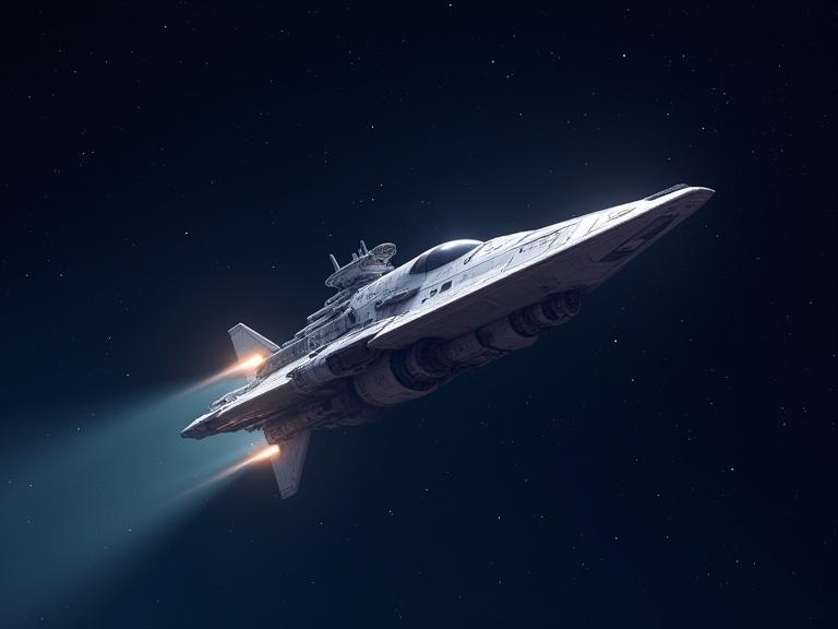 Spaceship sailing through starry sky. The scene features a detailed spacecraft in a dark, star-filled backdrop. Engine burns create glowing trails. The design is sleek and modern.
