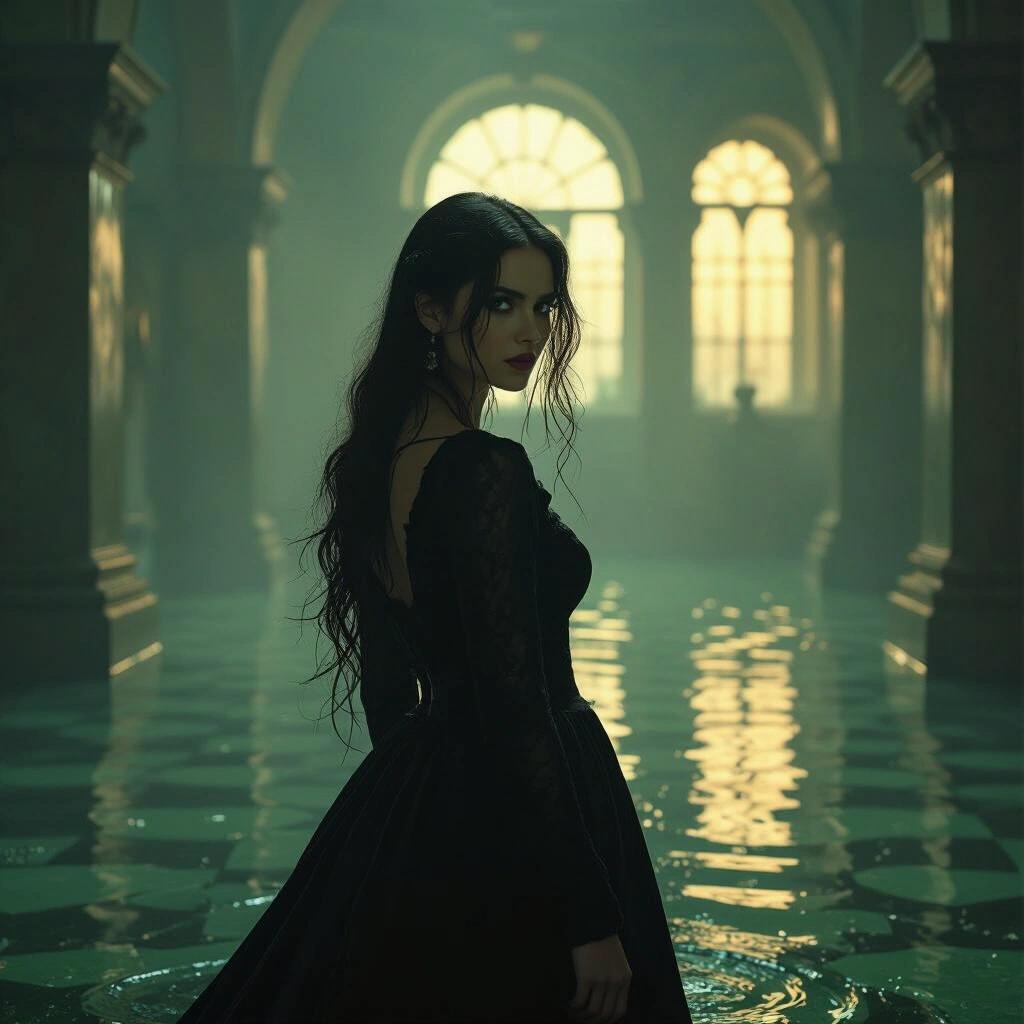 A woman stands in a wet gothic setting. She wears a black dress. Inspired by film lighting techniques. Balances golden light with green shadows. The atmosphere feels eerie and textured.