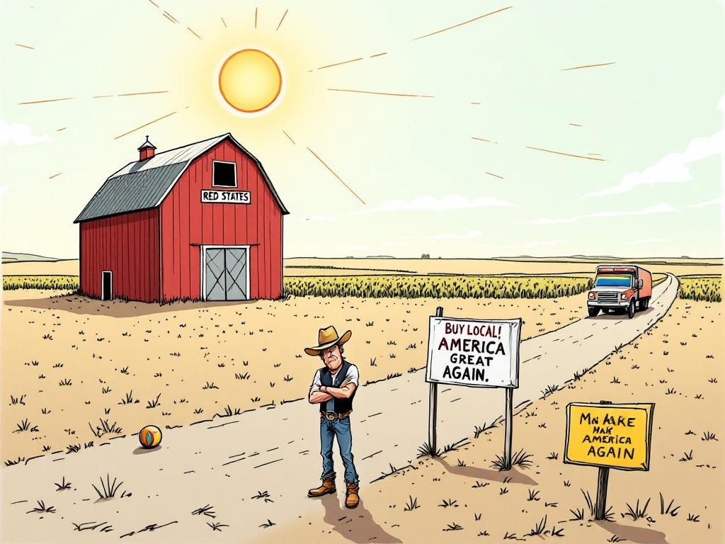 Political cartoon featuring a large red barn in a vast field under a blazing sun labeled Red States. A farmer with crossed arms in a MAGA hat stands in front of a deserted farm stand labeled Buy Local. A tumbleweed rolls by. Dying crops in the background and a truck with a rainbow sticker driving away.