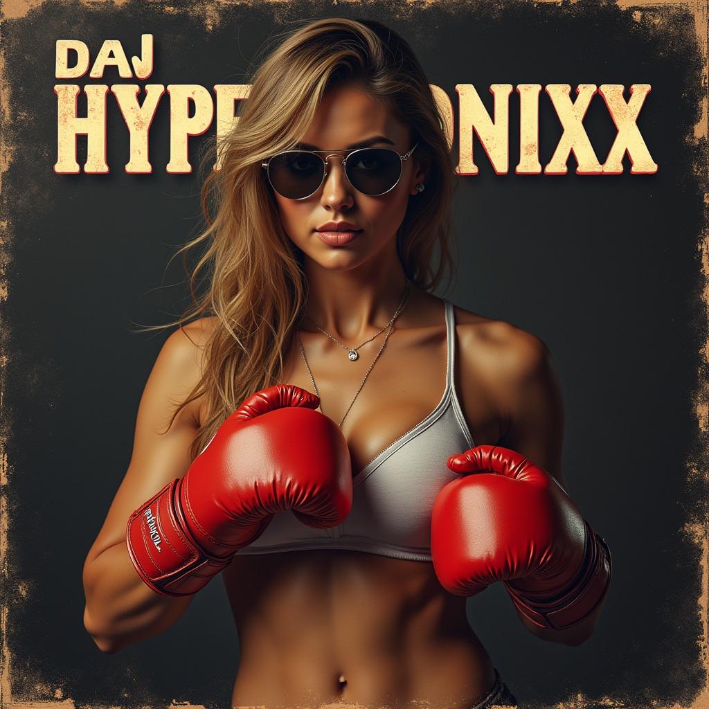 Raw photograph of a muscular woman wearing small boxing gloves and sunglasses on a music album cover with text DJ Hypertronixx in a fancy font.