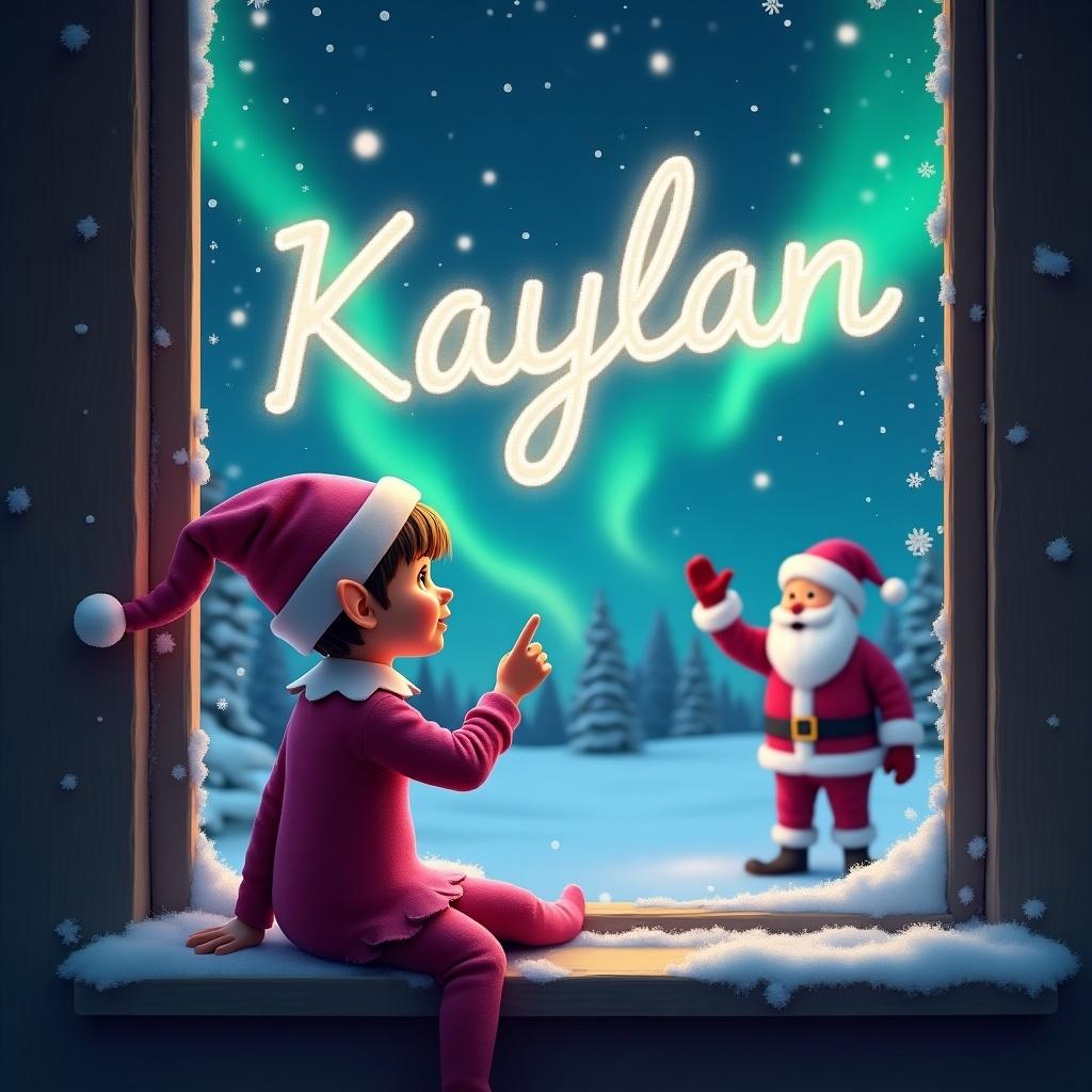 Magical Christmas night scene. Elf wears pink outfit. Elf sits on snowy window sill. Northern lights visible outside. Santa Claus waving in the background. Cozy festive atmosphere.