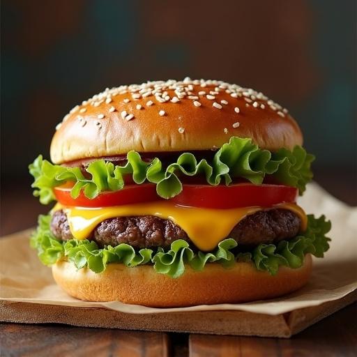 Image of a hamburger featuring a sesame seed bun, lettuce, tomato, cheddar cheese, and a beef patty. Photorealistic style with a focus on freshness.