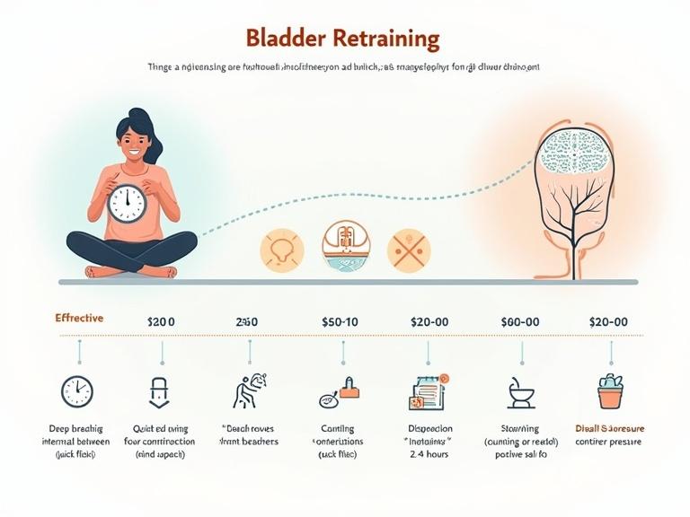An informative and calming illustration. Concept of bladder retraining. Managing urge incontinence and overactive bladder. Central image of a person sitting calmly with relaxed posture. Holding a clock to symbolize time-based training. Simplified bladder diagram beside them expanding over time. Brain and bladder connected by neural pathways. Illustration of time intervals between bathroom visits. Show effective urge suppression techniques. Soft colors and line art emphasize empowerment and progress.