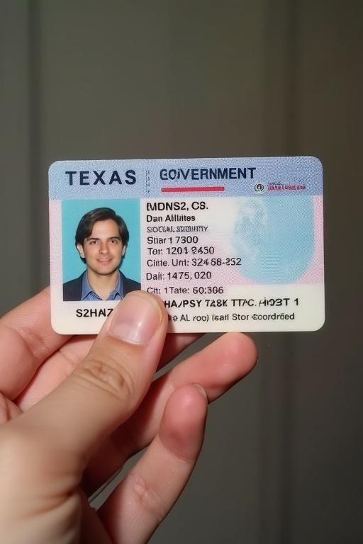 Hand holds backside of Texas government-issued ID card. ID contains personal information including name social security number date of birth address city state and zip code.