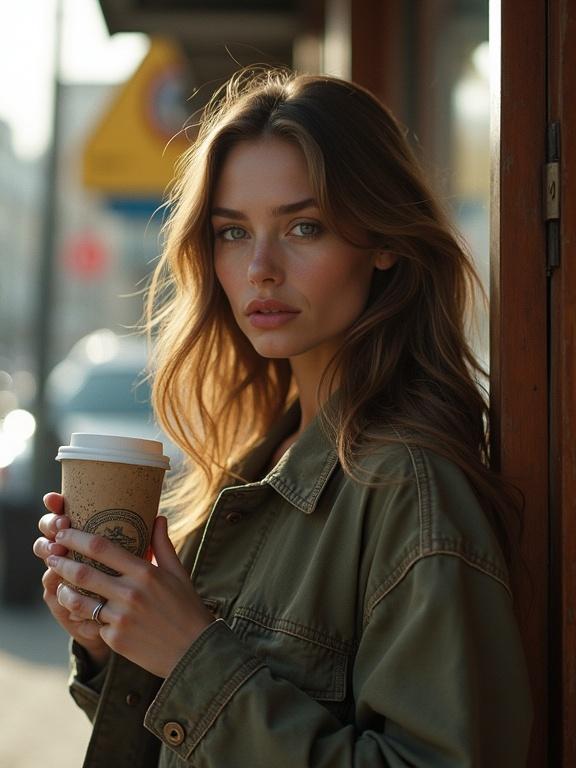 Candid photograph of a woman holding a coffee cup. She has long hair and is wearing a jacket. The image has a vintage feel with soft tones and natural light. The background suggests an urban setting.