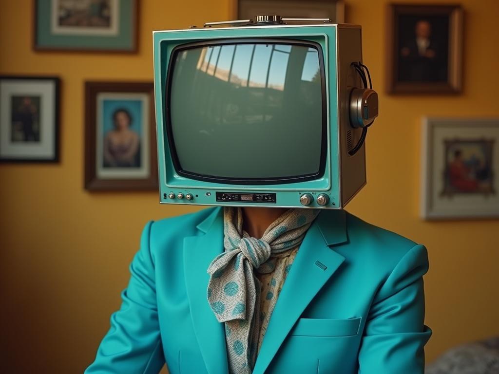 The image features a person with a unique headpiece made of various vintage television screens. The suit they are wearing is a striking Tiffany blue color, which adds a vibrant touch to the overall look. The patterned scarf around their neck complements the suit nicely. The background has a warm, artistic feel with framed pictures on the walls. Altogether, the image blends modern creativity with a retro aesthetic, creating an eye-catching visual.