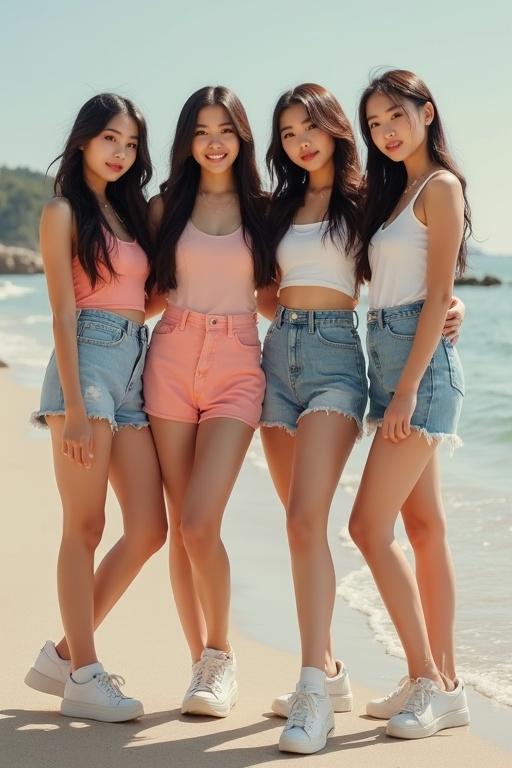 Four young women posing together on a beach wearing casual summer outfits. They stand close together with smiles. The sunlight illuminates the scene and reflects off the water. The sandy beach provides a relaxed atmosphere.