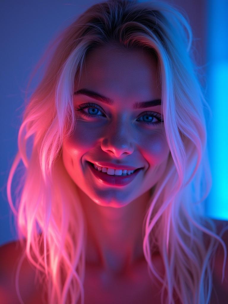 Beautiful Instagram model with bleach blonde hair and bright blue eyes. She is smiling and looking into the camera. An illuminated glow surrounds her with bioluminescent gradient light colors.