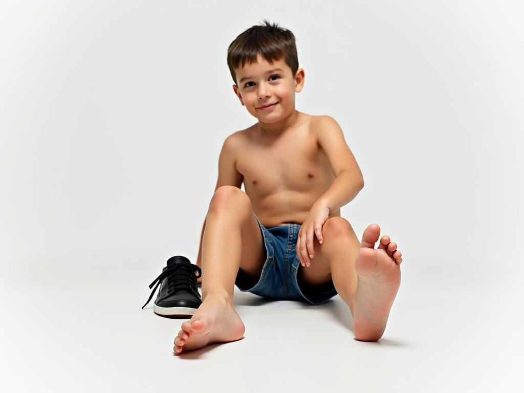 A young boy is sitting with his legs stretched out. One foot is bare, showing his toes clearly, while the other is still in a black sneaker. The boy has smooth, lightly tanned legs, emphasizing youthfulness. He is on a blank background, which makes his feet and shoes the focus of the image. There is a casual and playful vibe to the scene, as if he just took off his shoe to feel the ground.