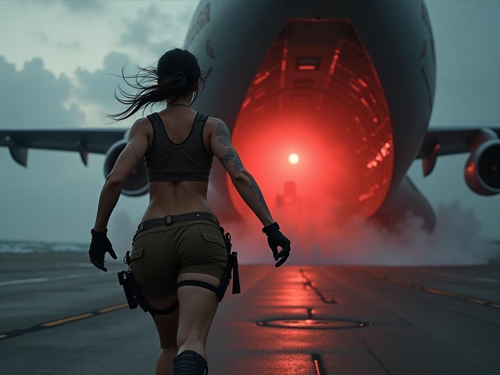 Wide-angle view of a cargo plane in flight over the ocean. A female character runs toward the open gate. Hands tied, she holds a grenade. Dark clothing and tactical gear. Red light illuminates the scene.