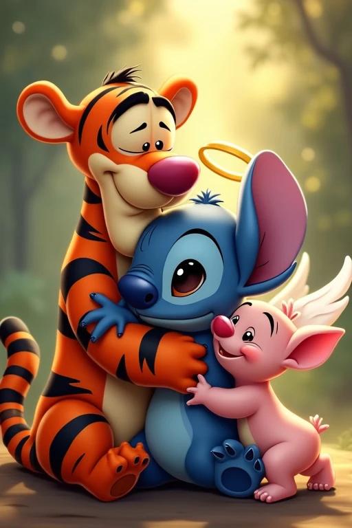 Stitch character in center with halo and angel wings. Tigger on left towering over. Piglet on right smaller in size. Characters embrace in a loving manner. This scene captures friendship and joy.