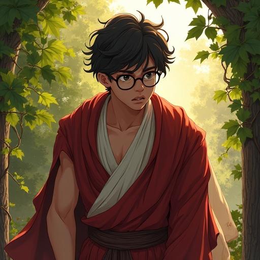 A young man with round glasses and robes appears worried and pensive in an outdoor setting with vines. The scene features dynamic lighting reminiscent of fantasy art and is inspired by a specific artist's style.