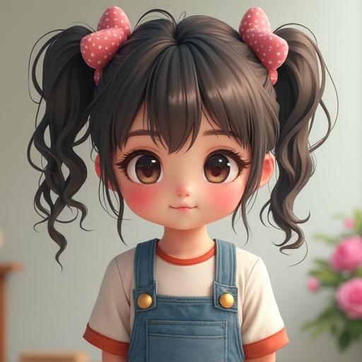 A girl with pigtails wearing a cute outfit. She has bows in her hair and a sweet expression. The background is soft and colorful.