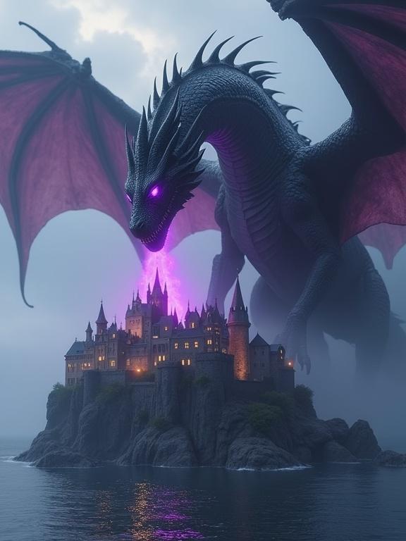 A massive black dragon with obsidian scales and glowing purple eyes towers over a castle town. The castle is English styled and situated on an elevated cliff atop a lonely island. The dragon is breathing a cone of purple fire down onto the castle.