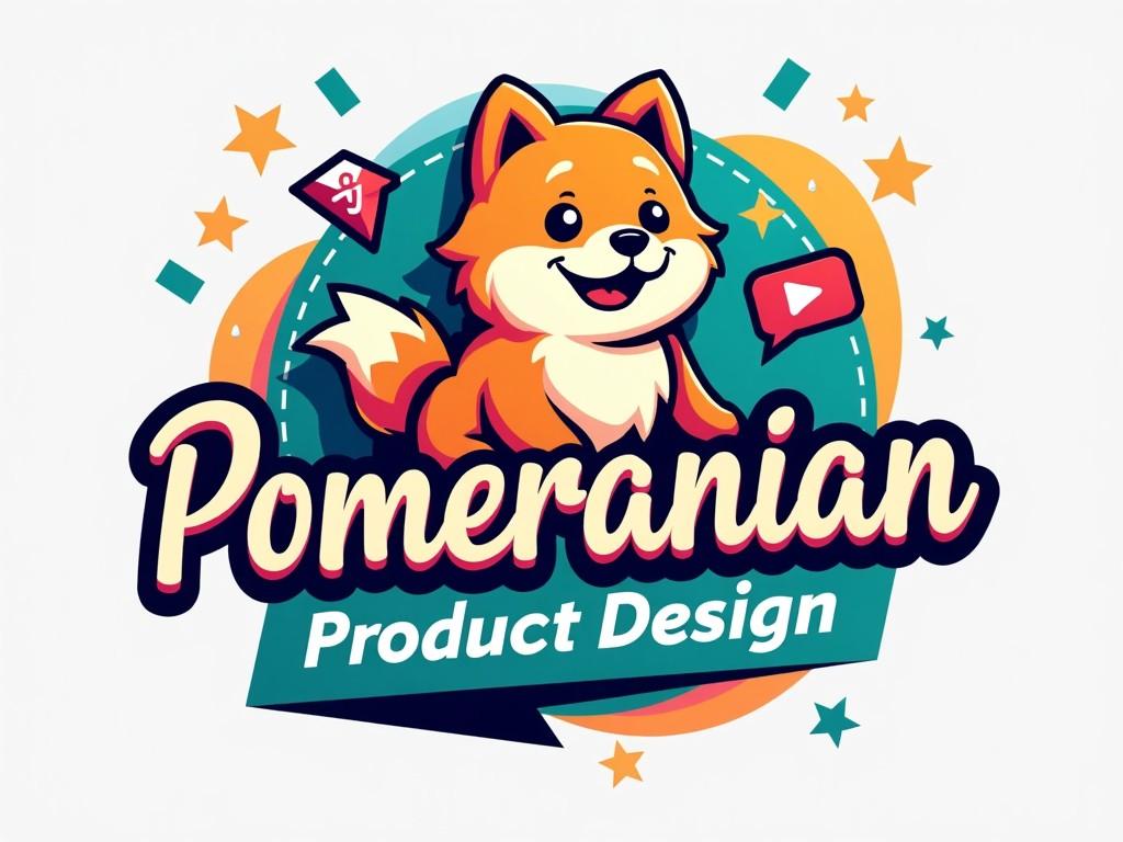 The image features a cheerful, cartoon-style Pomeranian dog, designed for product branding. The dog has a happy expression, sitting fluidly in a vibrant color palette of orange and turquoise. Surrounding the dog are design elements like stars and digital icons, hinting at social media themes. The text "Pomeranian Product Design" is prominently displayed, with a playful font style. This artwork captures the essence of joy and creativity suitable for pet-related products.