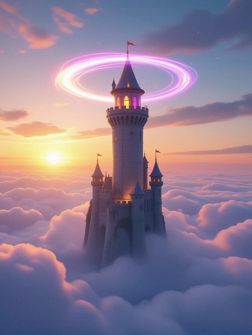 A floating wizard tower above fluffy clouds at sunset. Magical auras circle the tower in a surreal atmosphere. The view is wide, capturing pastel tones and dreamy lighting. The style resembles matte painting in cinematic fantasy art with vivid colors and volumetric light effects.