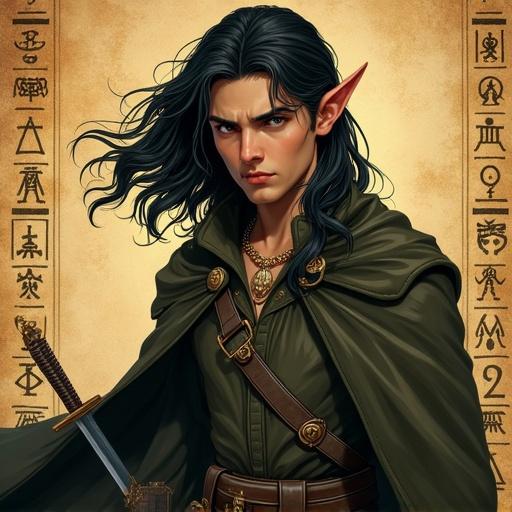 Digital illustration features a young man with long wavy black hair wearing a dark olive cloak over a ranger outfit. He holds two short swords and an investigator badge. Background is an ancient papyrus decorated with mystical runes. Lighting is soft and warm, creating dramatic shadows.