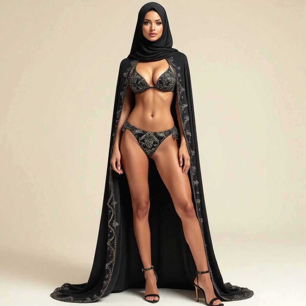 Hijabi woman modeling a high bikini with a black cape and heels. Elegant pose showcasing outfit details. Soft background emphasizing fashion style.