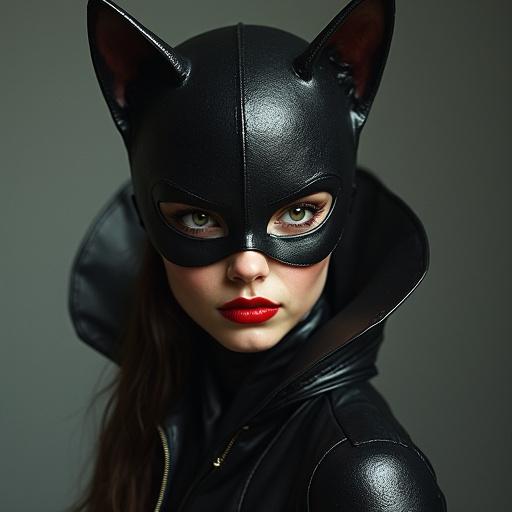 Portrait of a woman in a cat-themed costume with a black mask. She has long hair and striking green eyes. The costume is sleek and stylish. The background is plain, focusing on her expression.