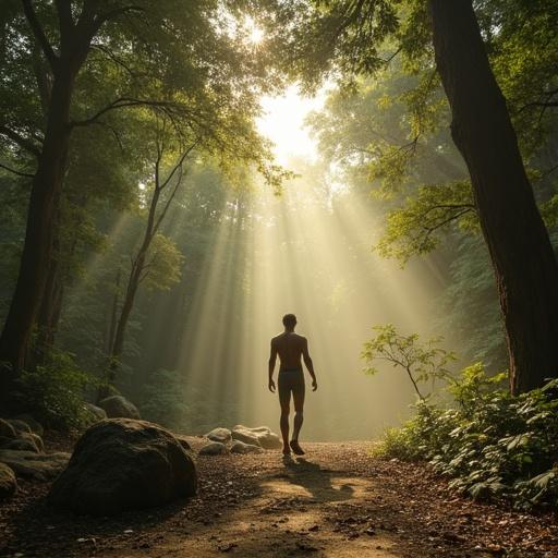 A solitary figure walks towards a bright light in a tranquil forest. Sunlight filters through trees creating a serene atmosphere. Conveys a sense of creation and peace.