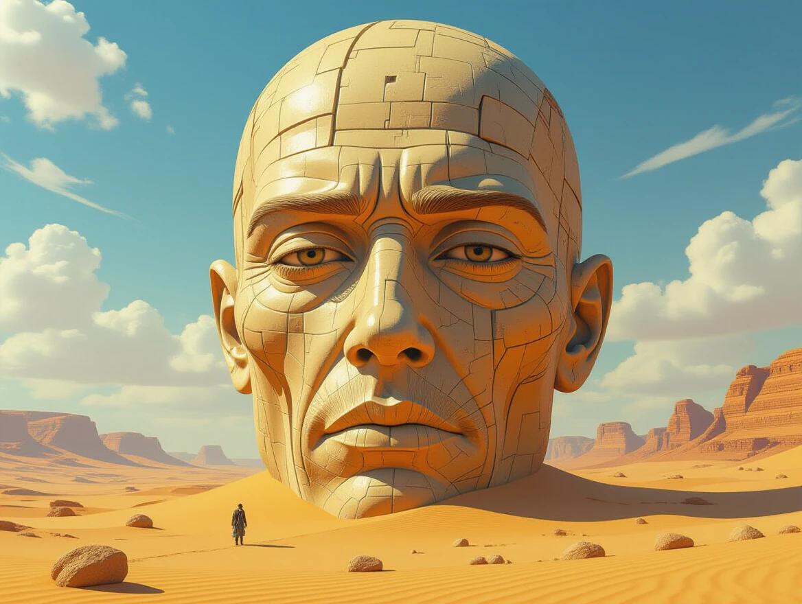 A vast desert landscape features a large humanoid face. The face is intricately detailed and resembles artwork by Jim Burns. Surreal elements combine with a dynamic epic scenery. The environment is warm and inviting with soft clouds. This artwork inspires wonder and beauty.