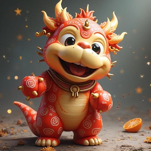 A cute dragon character stands joyfully. The dragon is red with a big smile and cartoonish features. There are decorative patterns on the dragon's body. Background has a soft, warm glow.