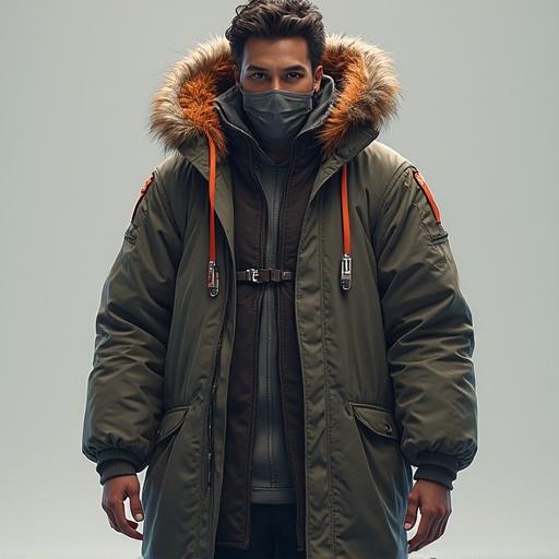 Concept design features a person wearing a digital artist's coat with a fur-lined hood. The coat is stylishly oversized with multiple layers and unique detailing. The person is standing confidently, showcasing the garment's design elements.