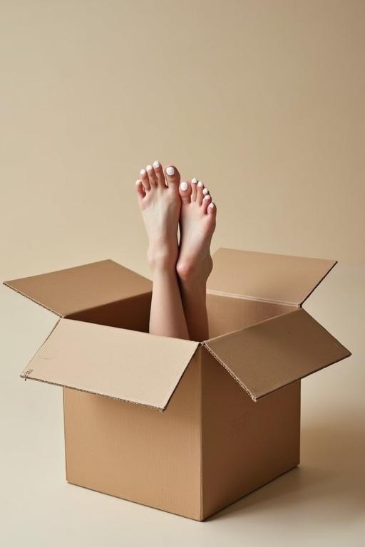 Female feet protrude from open cardboard box. Feet have white nail polish. Box is large with flaps opened. Background is simple and neutral.