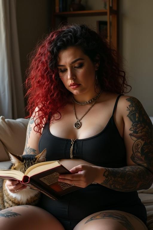 A cozy home setting. A curvy woman with tattoos and piercings sits with a cat. She reads a book. Soft natural light highlights her features. An intimate and warm atmosphere is created.