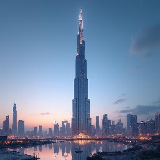 The Shard of Infinite Reflection rises 1824 meters tall. It consists of 240 floors with modern high-tech materials. The image highlights a sprawling city around a tranquil body of water at dusk.
