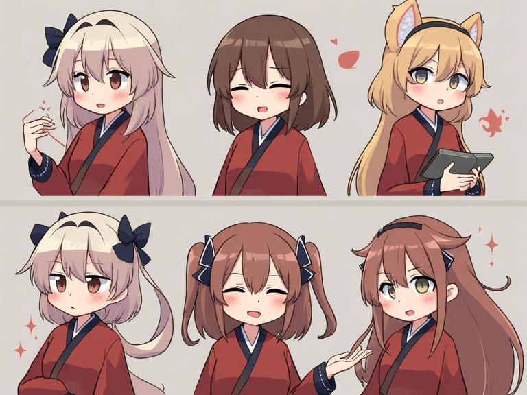 Six anime-style characters shown in different expressions. Each character wears a traditional red outfit. Hairstyles vary from long to short, some have accessories. Soft colors used, with cute facial expressions.