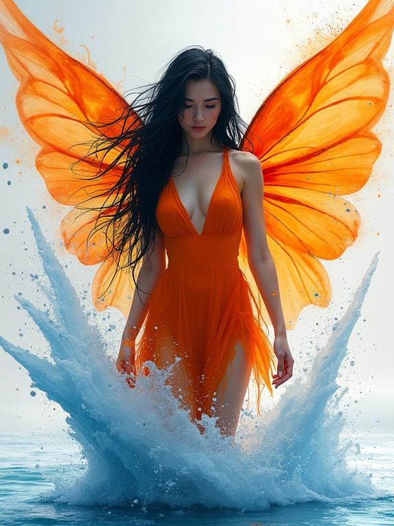 A fire faerie emerges from an icy lake. Long black hair, translucent orange wings, wet orange mini-dress. Dynamic splash with shards of blue ice. Rich watercolor style.