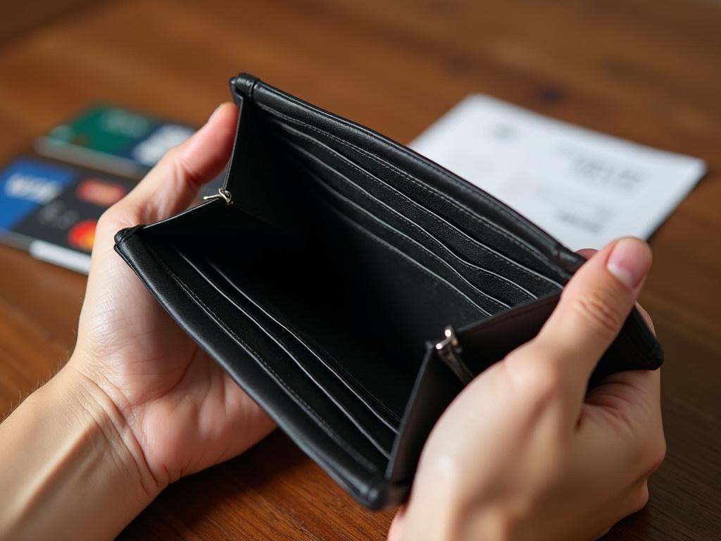 Close up look at hands holding an empty money wallet. The wallet is black and made of leather, revealing multiple card slots but no cash inside. The person's hands are slightly open, showing the interior of the wallet clearly. In the background, there are some credit cards placed on a wooden table, and a receipt can be seen partially. The lighting is warm, accentuating the texture of the wallet and the wood.