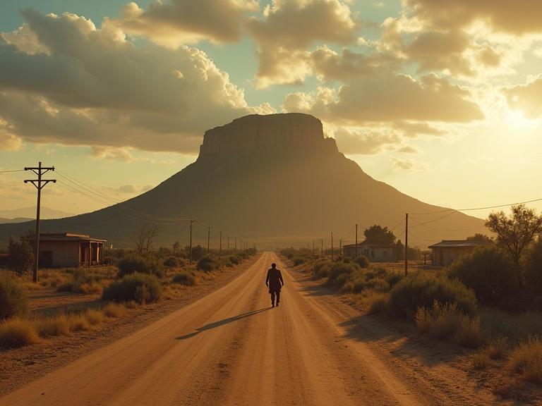 Cinematic scene in Monterrey, Nuevo León. Majestic Cerro de la Silla dominates a dusty landscape at sunset. Figures with rugged frontier aesthetic are positioned in foreground. Wide composition emphasizes landscape's immensity. Atmosphere of contained tension with contemporary spaghetti western style.