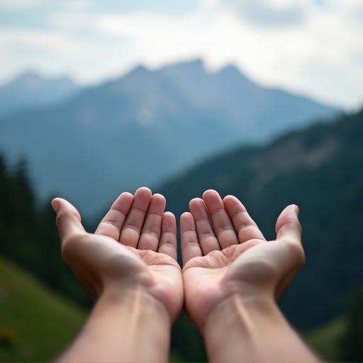 Open hands in front of a mountain landscape with soft focus on the background. Calm and serene atmosphere in nature.