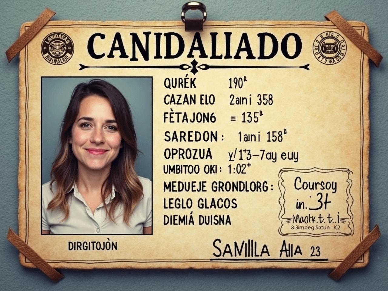 This image displays a novelty ID card with Spanish and fictional details. It features a central photo area with a smiling individual. The card is embellished with various fictional details such as height, weight, and other fun metrics. The design has a vintage aesthetic with a light blue background and brown borders. It is creatively pinned to a corkboard with a rustic appearance.