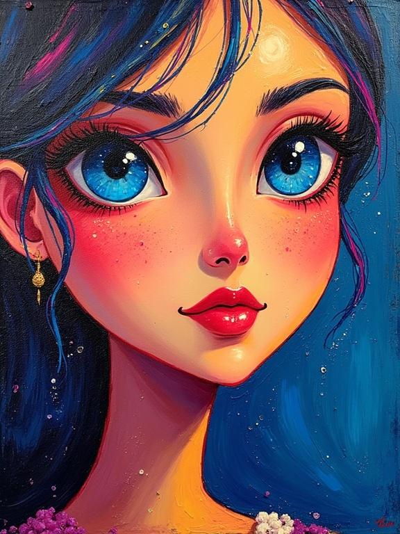 Vibrant impasto oil painting of a woman with bright blue eyes. Palette knife art style creates textured details. Emphasis on facial features, especially eyes and lips. Background is rich blue enhancing the character's beauty.