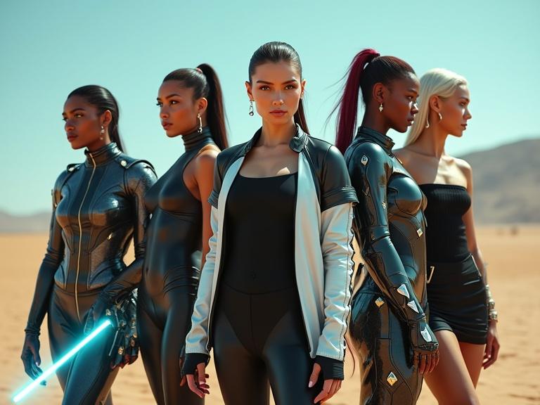 Close-up image of a female music group in sleek futuristic fashion stands in a sunny desert. Five women wear stylish outfits with a mix of black and white leather. One holds a glowing blue sword. Another holds a glowing disk. A third has pigtails and a wand. The fourth wears chrome sunglasses and holds a gun. The fifth has curly hair and silver blades. Strong textures and shadows enhance the cinematic quality.