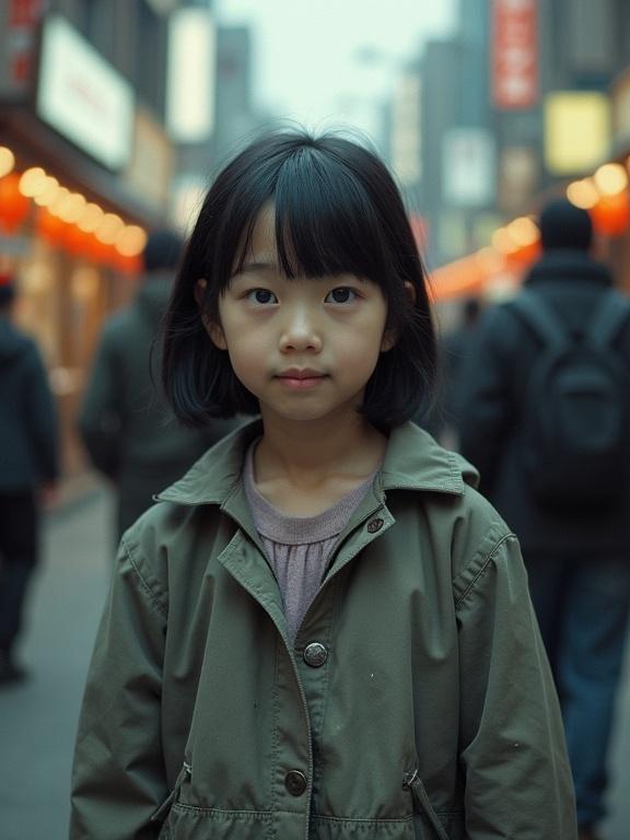 A Japanese girl is standing on the street with a blurred bustling crowd around her. The focus is on her sharp facial features. The aesthetic resembles damaged film with visible grain and scratches, creating a cinematic yet moody vibe.