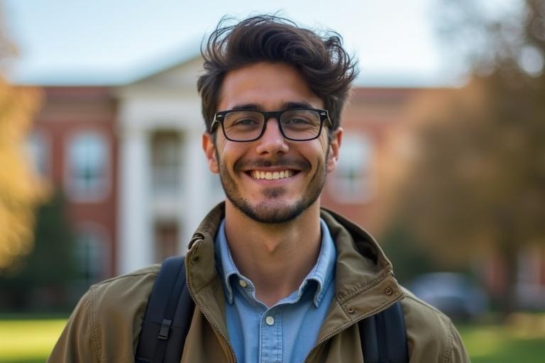 Image of a male university student in casual attire outdoors. Background features a traditional university building. The student appears engaged and confident.