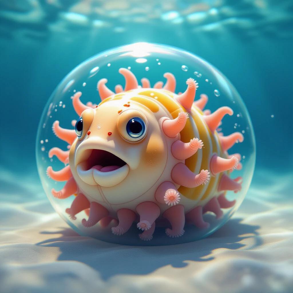 A sea cucumber features a front mouth. It has a ring of tentacles. The design resembles a bubble. The shapes are smooth and rounded. The textures appear glossy. Colors are vibrant. The lighting is soft. The background is surreal and abstract.