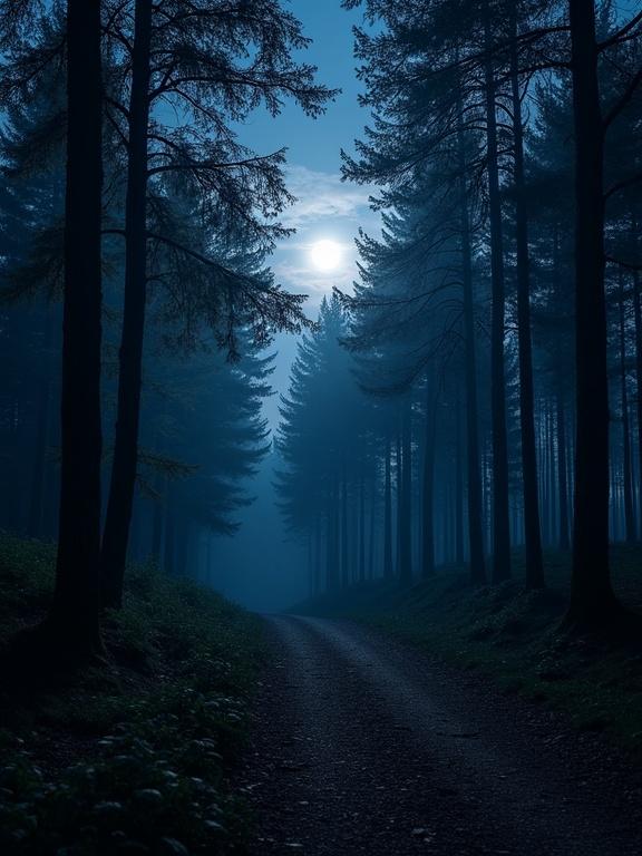 Woods at nighttime illuminated by moonlight. The scene features a dimly lit path winding through dark trees. The bright moon shines in the sky, creating an ethereal and mysterious atmosphere.