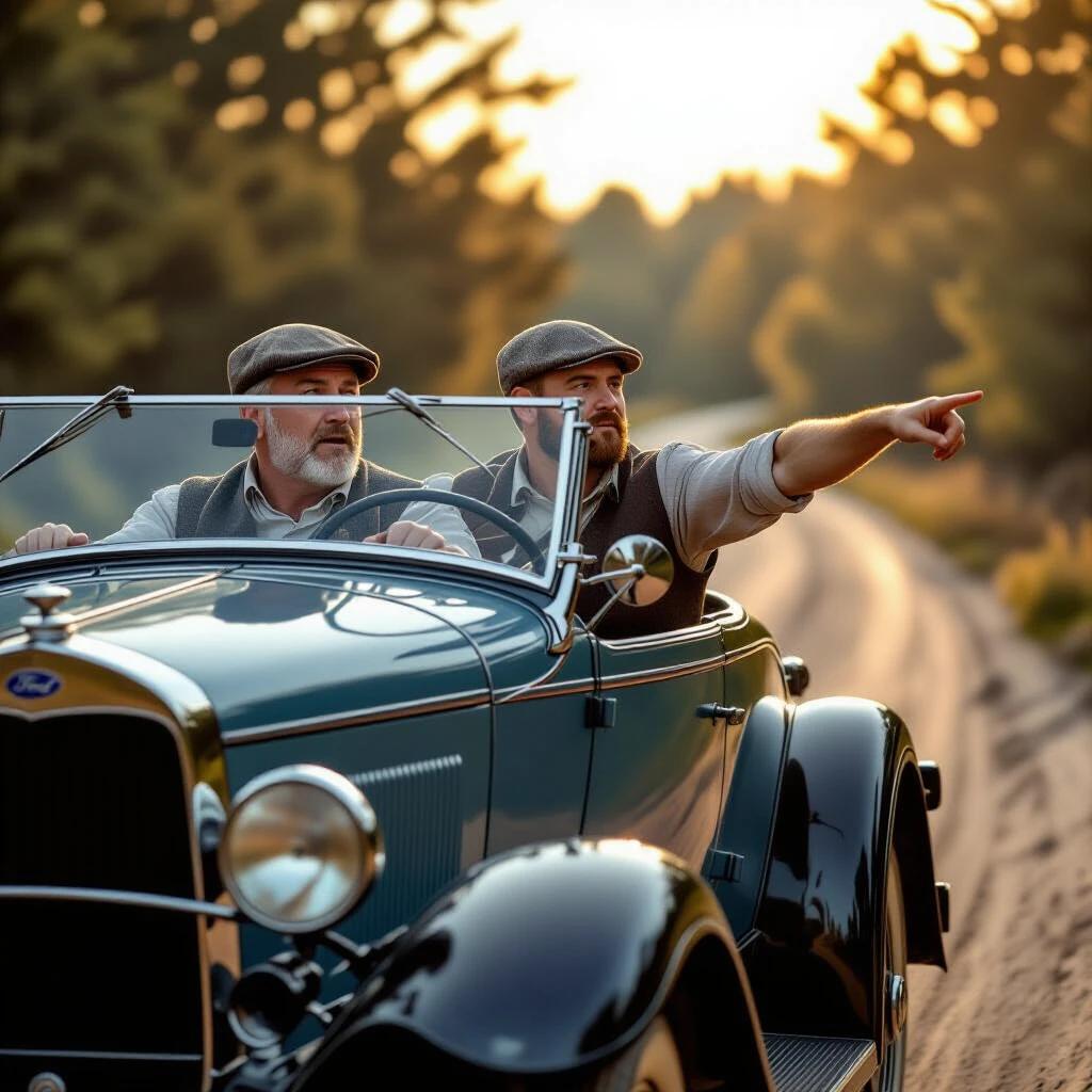 Two men ride in a 1930s vintage car on a dirt road. One grips the wheel anxiously. Other points forward. Golden hour light casts long shadows. Rural Romanian landscape in background helps set scene. Signs beside road convey urgency in period-correct style.