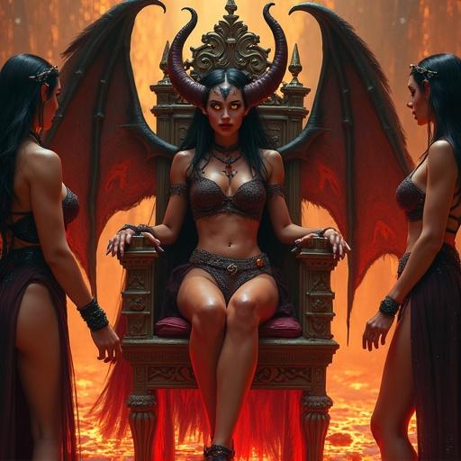Demon queen sits on a grand throne. She has red and black skin with golden eyes and horns. Women around her wear leather and perform a ritual. Scene set in a fantasy world with lava surrounding them. Throne room looks majestic and ominous. The atmosphere is dark and intense.