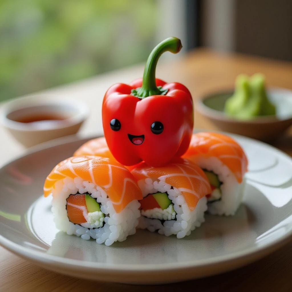 A playful depiction of a cute red pepper character resting on sushi rolls, ready to eat. The setting includes a soft-focus background with a warm ambiance. The dish features colorful sushi rolls with salmon and cucumber, creating a delightful presentation.