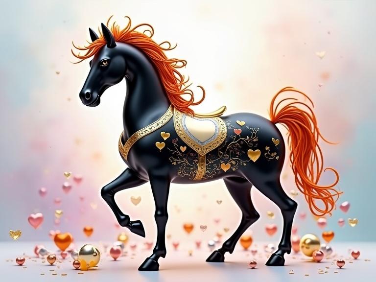 A sleek metallic polished horse stands proudly. The horse is a harmonious blend of black, white, orange, gold, and silver tones. The gold elements have a warm finish while silver adds contrasting sheen. Tiny three-dimensional hearts surround the horse. Background features pastel colors like pale blue and soft pink, evoking love and joy. Inspired by Japanese Manga.